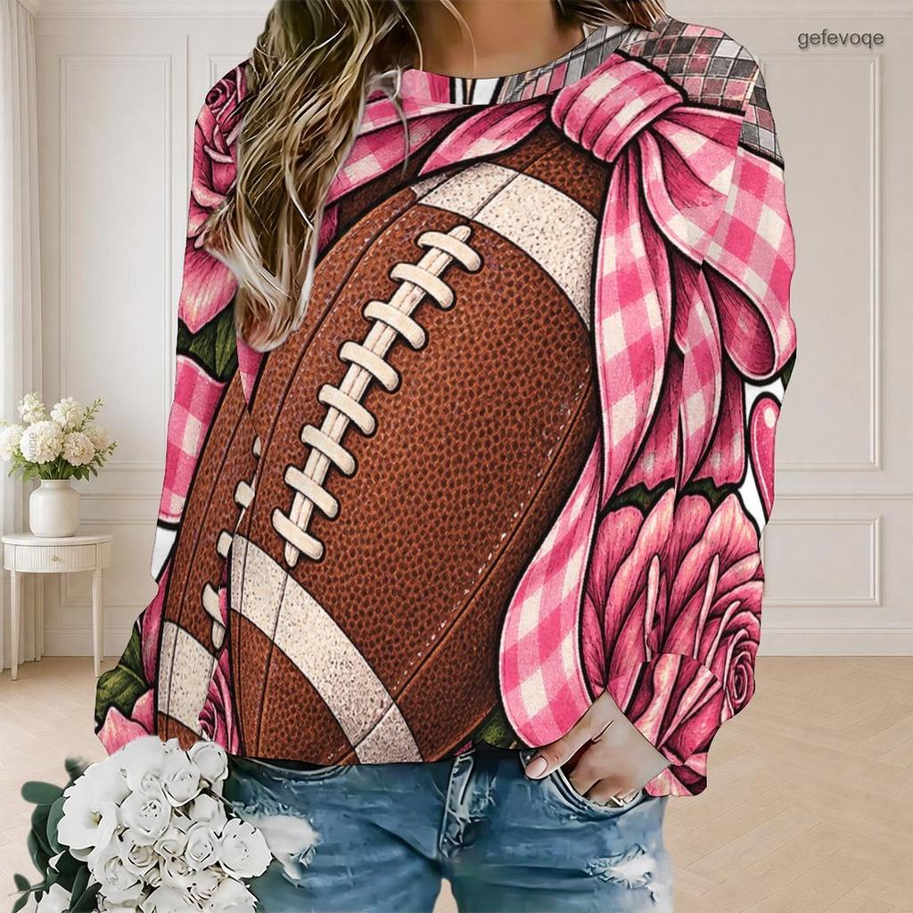 Women Plus Size Round Neck Long Sleeve Daisy Football Printed Pullover Sweatshirt