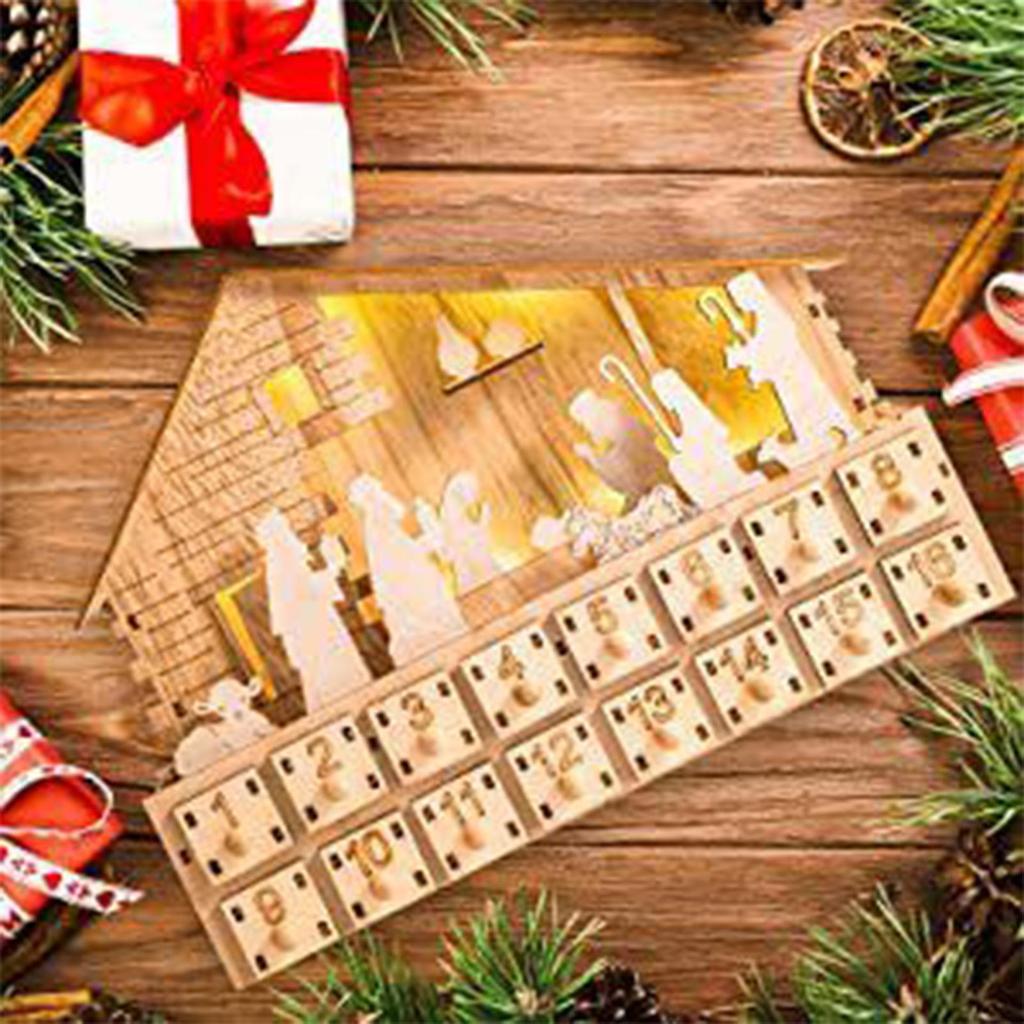 Christmas LED Light Countdown Calendar Cabinet Nativity Scene House Advent 24 Days Wooden Christmas Decor Ornament Crafts