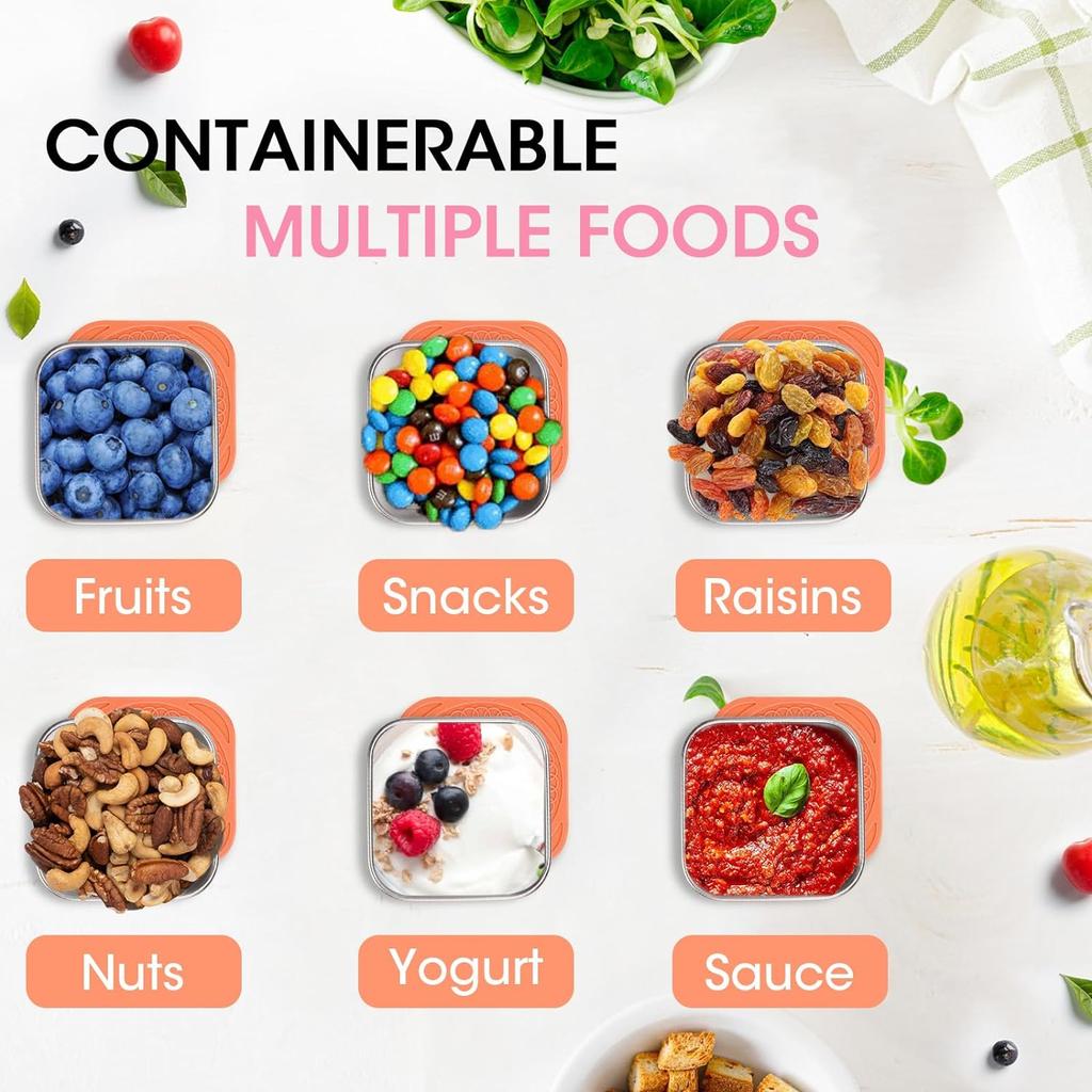 4Pcs 2/6oz Snack Container Stainless Steel Salad Box with Silicone Lids Leakproof Portable Stackable Dressing Food Storage Box
