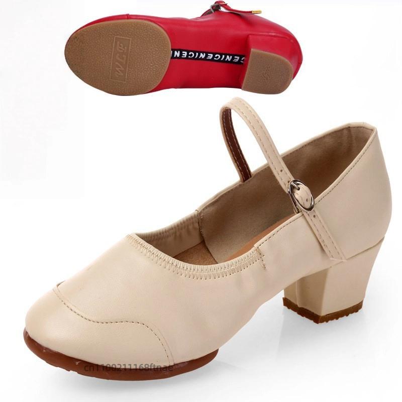 Female Dance Shoes with Soft Sole, Mid Heel, Dance Practice Shoes, Teacher's Four Season Ballroom Dance Two-point Shoes