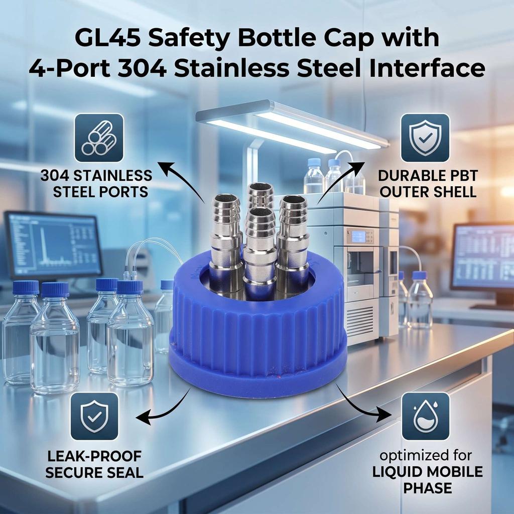 GL45 Safety Bottle Cap with 4 Port 304 Stainless Steel Interface Laboratory Liquid Mobile Phase Filling Cap Diameter 8