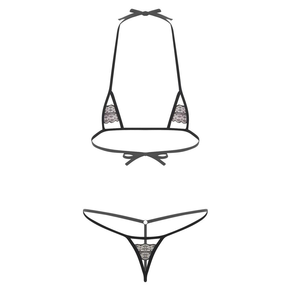 Womens Sheer Micro Bikini Set Halter Bra Top-G string Thong Swimsuit