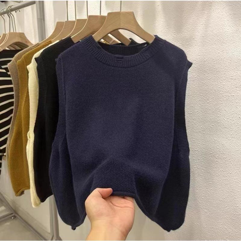 Maglioni girocollo senza maniche con stampa tinta unita, casual, autunno inverno, da donna