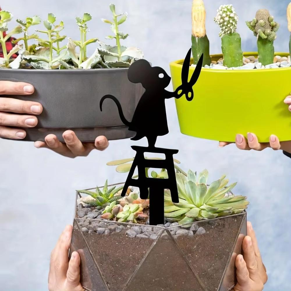 1 buc. Siluetă de țăruș metalic de grădină - Design șoarece cu foarfece. Semn decorativ pentru curte cu artă decorativă. Ornament de sculptură creativă.