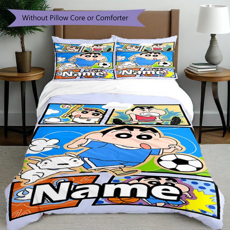 3pcs Duvet Cover Set (1*Duvet Cover + 2*Pillowcase, Without Core), Custom Name Cartoon comics Pattern Bedding Set, Home Bedroom Decor Gift