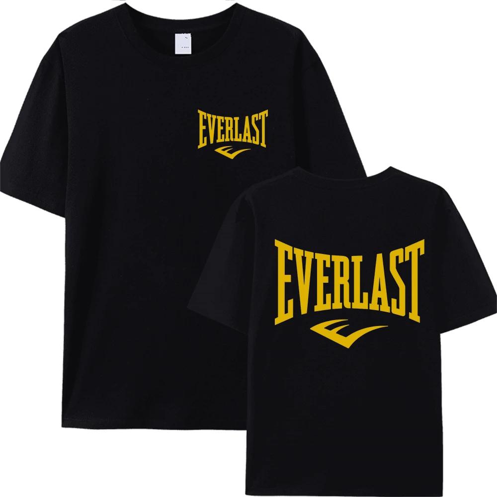 Buy All-cotton EVERLAST Boxing Logo T-shirt Men's and Women's O-collar Printed T-shirt Harajuku Street Hoodie Popular Loose One