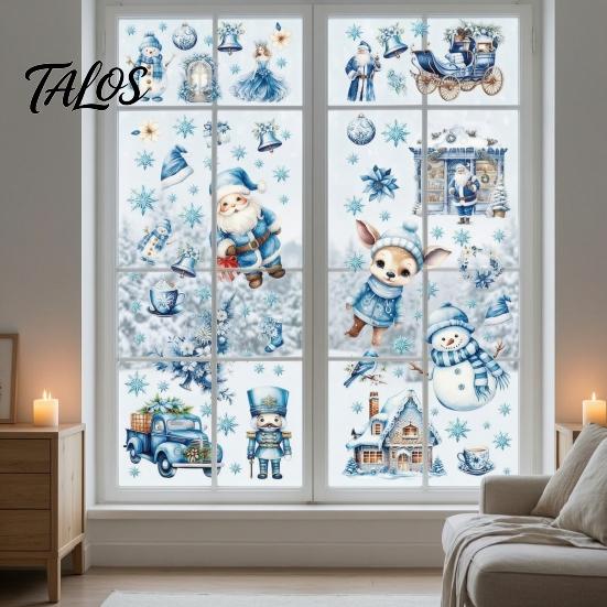 Home Decor for Christmas 9Pcs Window Clings, Blue Santa Snowman Reindeer Static Stickers, Nutcracker Clings Reusable Double Sided Xmas Decorations