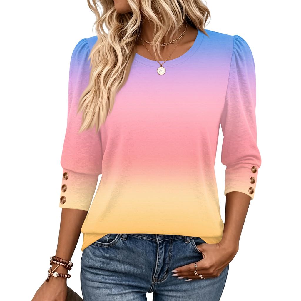 Women's Fashion Three-Quarter Sleeve Crewneck T-Shirt Casual Top for Everyday Wear