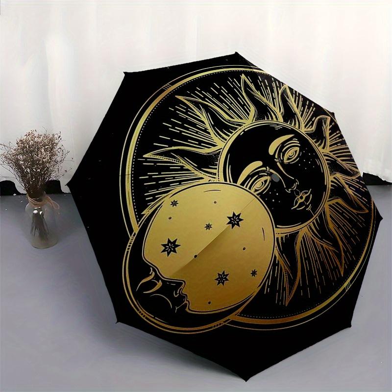 Golden Celestial Sun & Moon Face Round Coaster Set of 2 Umbrella, Cute Umbrella with Cute Design, Portable 3-Fold Compact Umbrella for Men & Women, Va