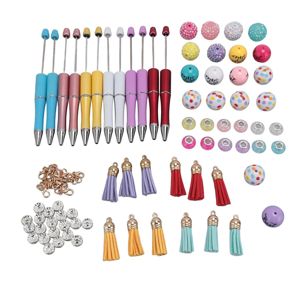 12PCS Beadable Pens Kit Bright Colors DIY Making Beaded Ballpoint Pens with Tassels for Office