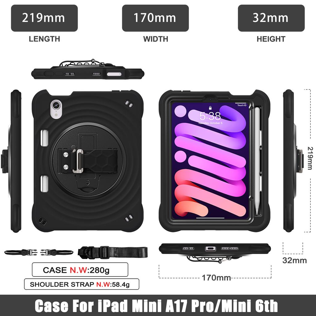 For iPad mini (2024)/(2021) Case with Shoulder Strap Kickstand PC + Silicone + TPU Tablet Cover
