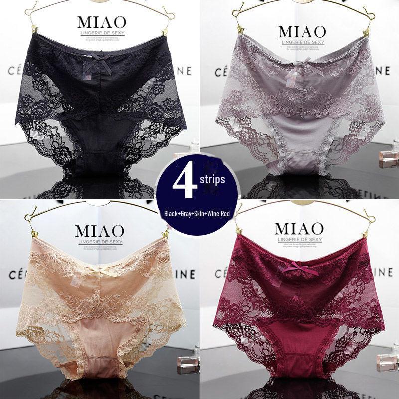 

4 пары кружевных трусиков с высокой талией для женщин больших размеров, черные, ажурный дизайн, модальная ткань, средняя талия, подходят для веса до 200 фунтов. M (75-100 jin)