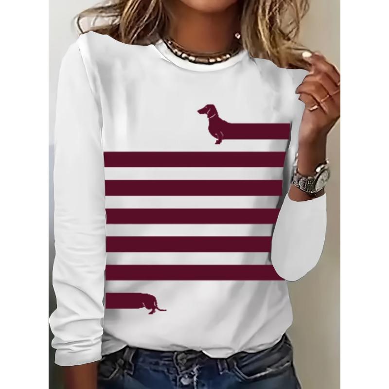 Spring and Autumn Round Neck 3D Dogs and Striped Patterns Printed Top Fashionable Casual Long Sleeved Women's T-shirts