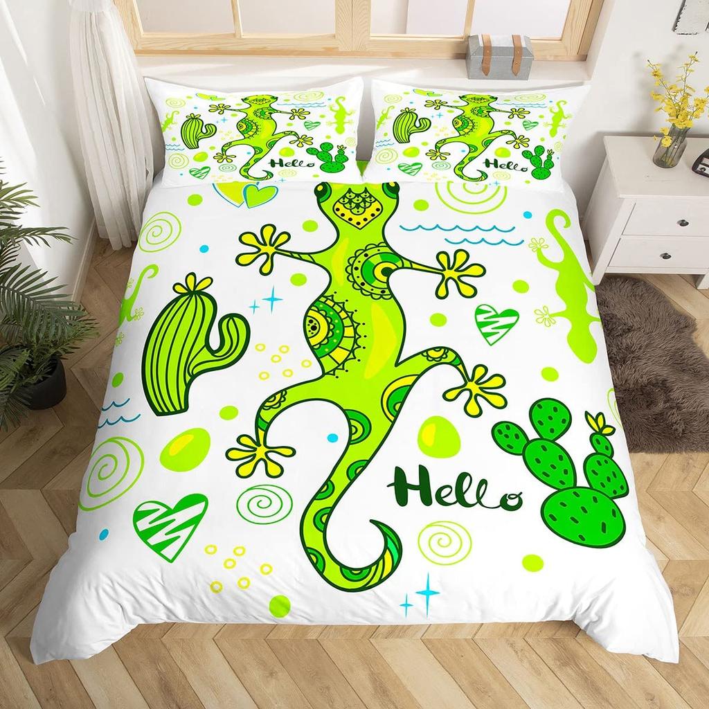 Lizard Warm Comforter Cover for Tens, Reptile Soft Duvet Cover Twin Sized Dimensions, Bohemian Paisley Batik Beding Set Exotic Animal Comfortable