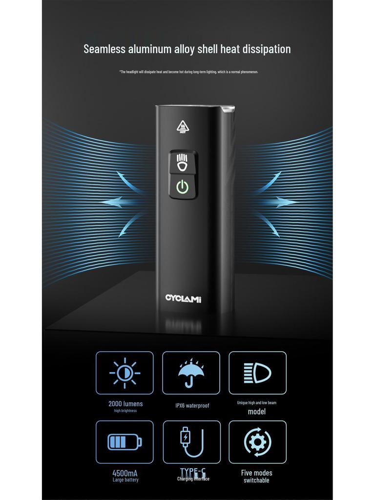 High-Brightness Waterproof Mountain Bike Front Light with Flash and Safety Warning