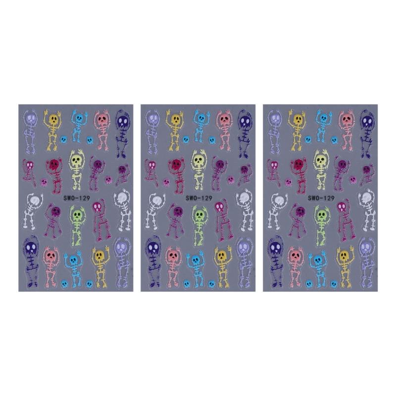 

Halloween Nail Art Stickers Pack Of 3 Matte Embossed Skeletons Cartoon Designs Party Accessories Nail Decoration Paper 1