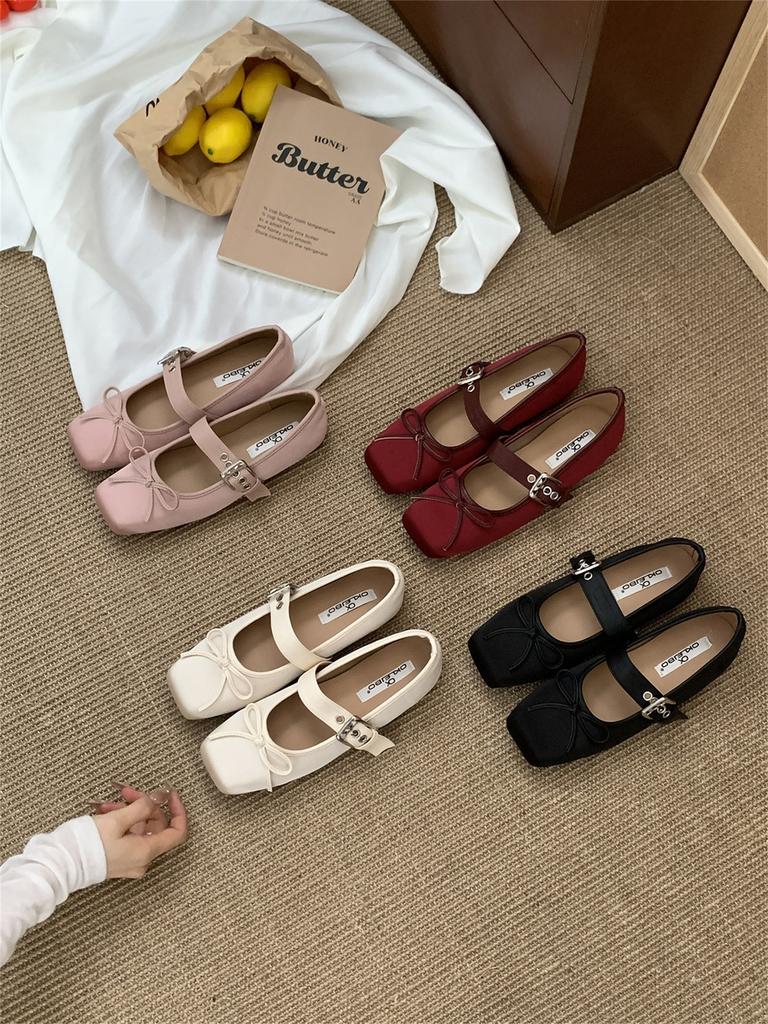 French Retro Satin Square Head Bow Grandma Shoes One-word Buckle with Mary Jane Single Shoes, Sweet Temperament Small Leather Shoes