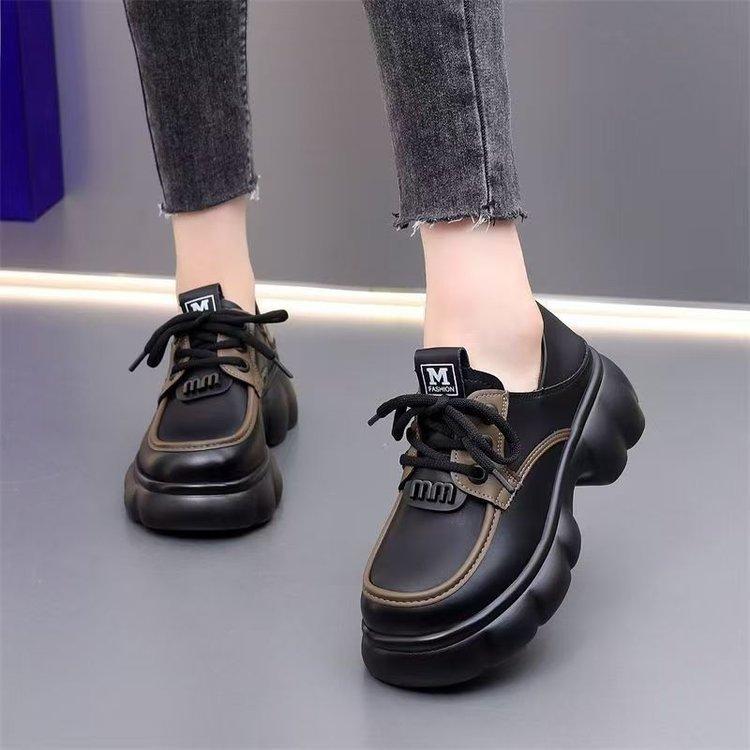 

Платформа интернет-знаменитости лоферы женские 2025 новые черные маленькие кожаные туфли французская мягкая подошва с увеличением высоты британский стиль на шнуровке одинарные туфли 40 хаки