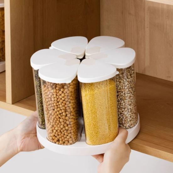 360-Degree Rotating Grain Dispenser Dry Food Storage Bin with Lids Cereal Dispenser with 6 Sealed Containers for Rice Flour Oats Pantry Countertop