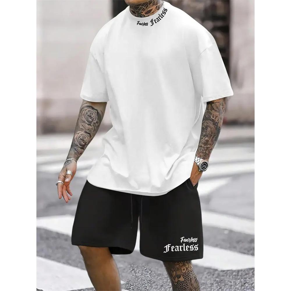 Summer Solid Color Letters Printed Suit Casual Sportswear Men's Suit Short-Sleeved T Shirt Street Hip-Hop Two-Piece Set