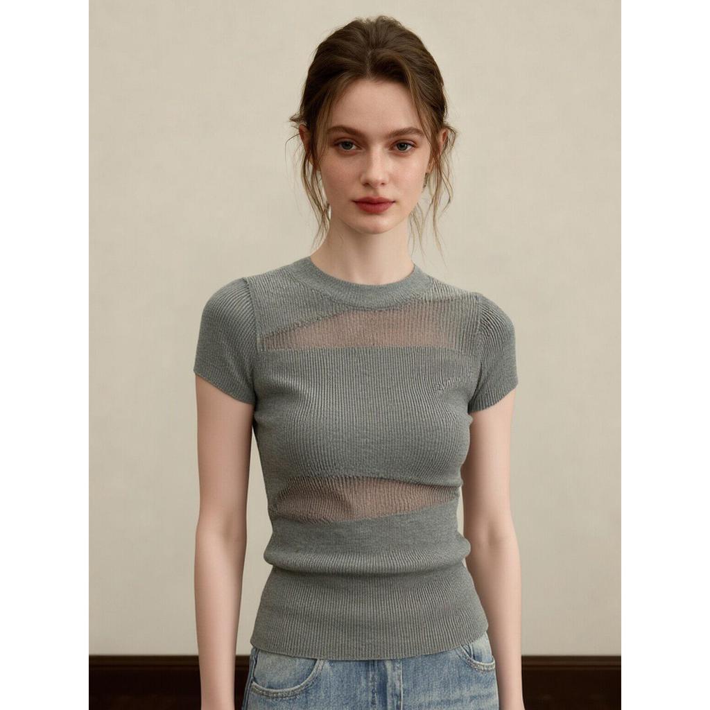 French gray hollow ice silk short-sleeved knitted T-shirt women's summer spice girl micro-transparent design sense slim and thin top