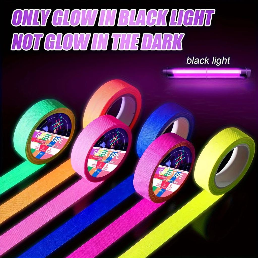 6 Colors Neon Gaffer Cloth Tape Fluorescent Rainbow Color Party Non-Reflective Glow Under UV Black Light in The Dark Tape