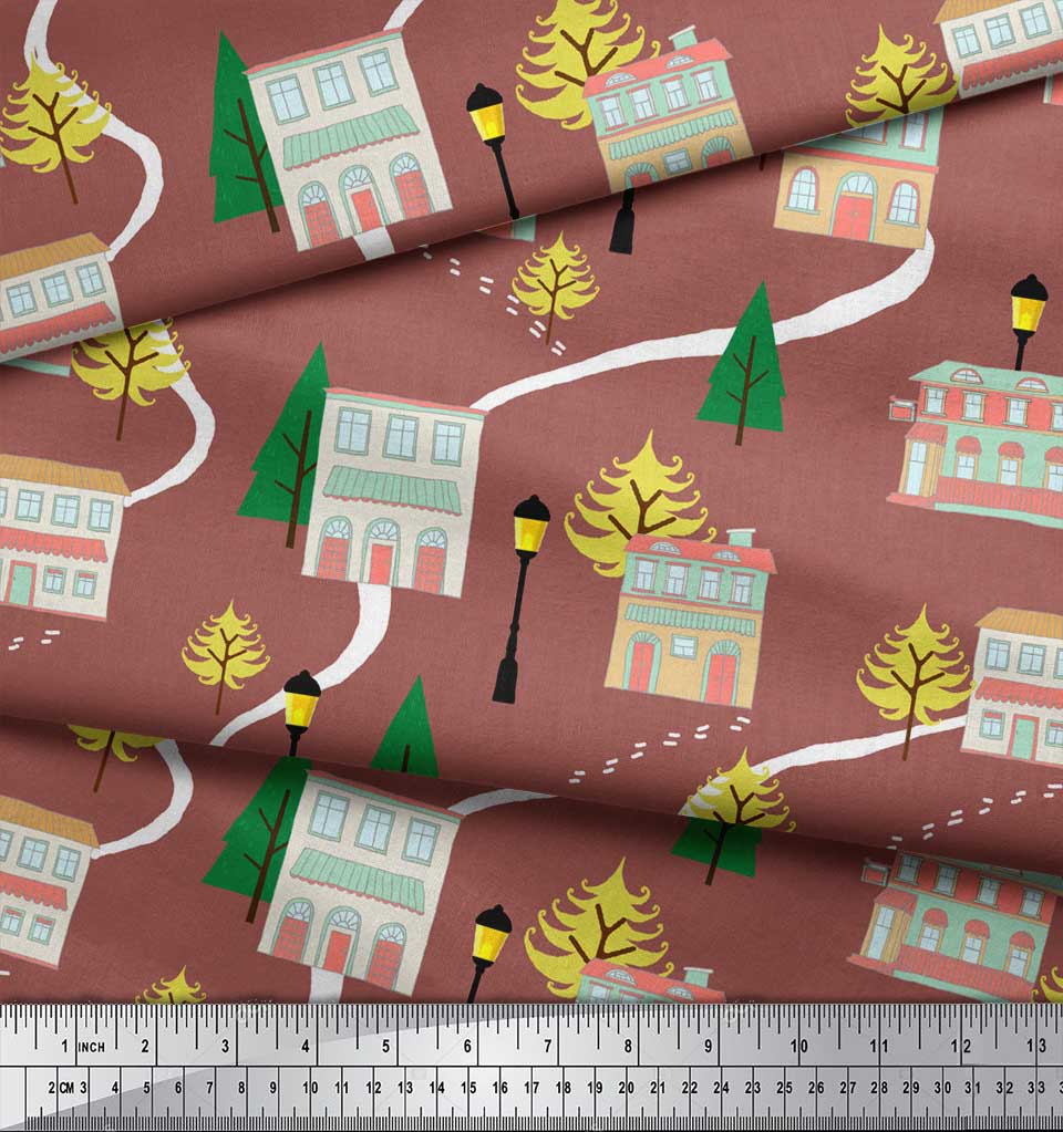 Soimoi Tissu Satin Crêpe Japonais Marron Arbre, Lampadaire & Maison Imprimé Architectural Tissu au mètre 42 Pouces