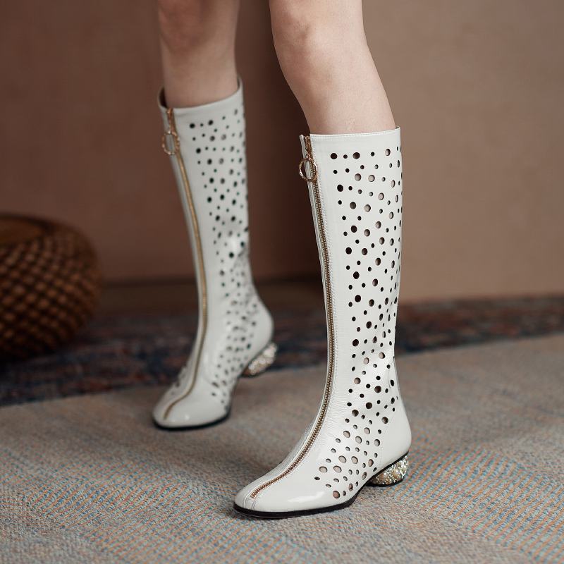 Krazing Pot – bottes d'été à bout rond en microfibre, décorations creuses à la mode, bottes d'été, cuissardes hautes