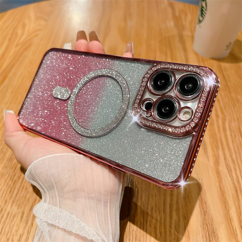 Gradient Glitter Rhinestone Ring Magnetic Protective Case for iPhone 17 Pro / 14 Pro – Drop-proof Design iPhone 17 Pro