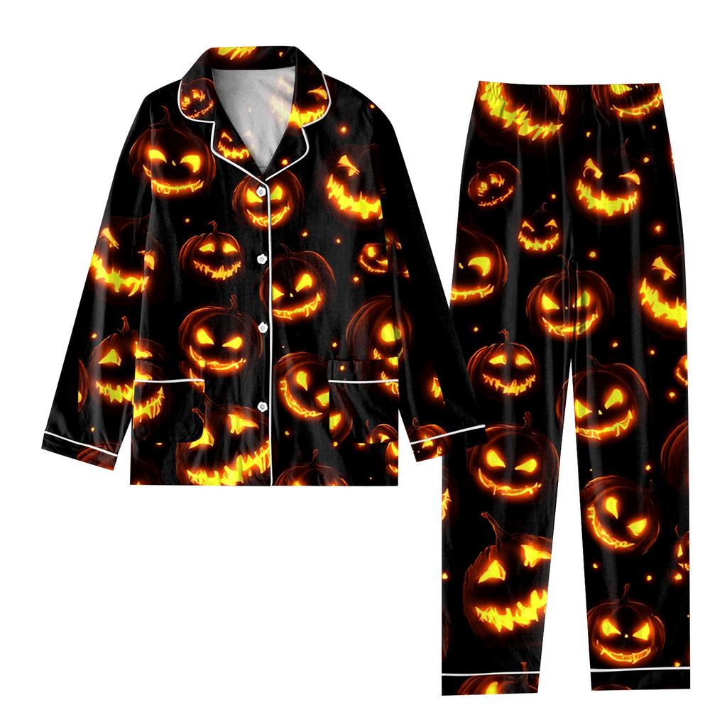 2-teiliger bedruckter Damen-Anzug, langärmelig, Oberteil mit Knopfleiste, weite Hosen, Anzug-Set, Schlafanzug, Home-Casual-Anzug