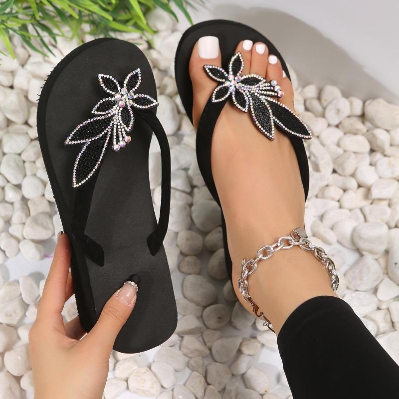 Fashion Sandals Summer Shiny Diamond Flowers Thick Bottom Wedges Round Toe Clip Comfort Flip-flops Women Beach Slippers Sandalias Mujer