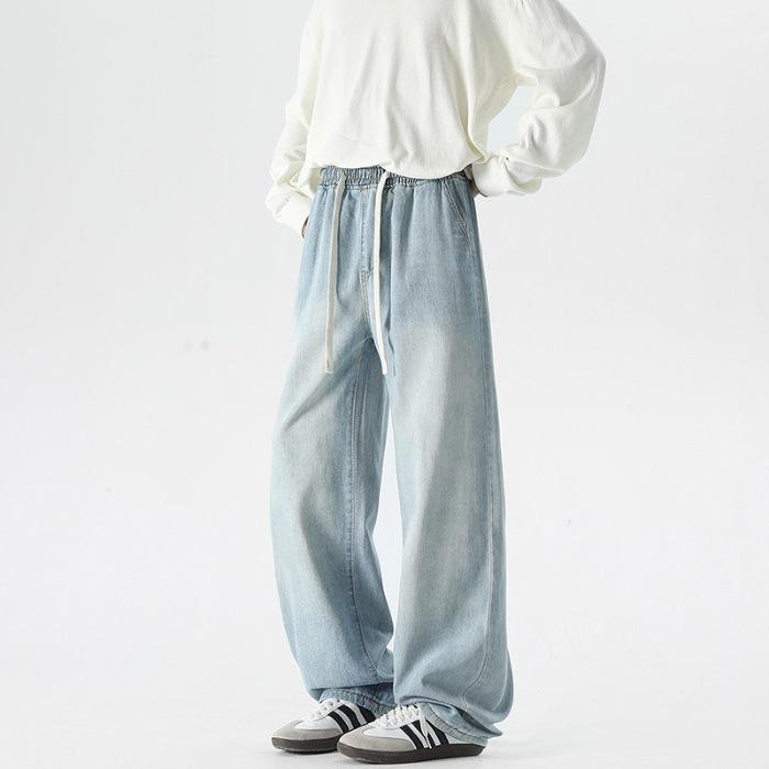 New Spring Style Full Elastic Drawstring Waist-headed Lysel Jeans Men's High Street Wide-leg Floor Pants