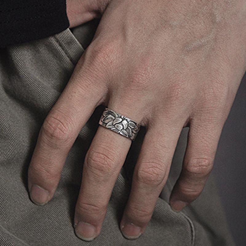 Thai silver black lotus heart sutra opening ring for men and women Silver vintage lotus novel wide silver ring ring