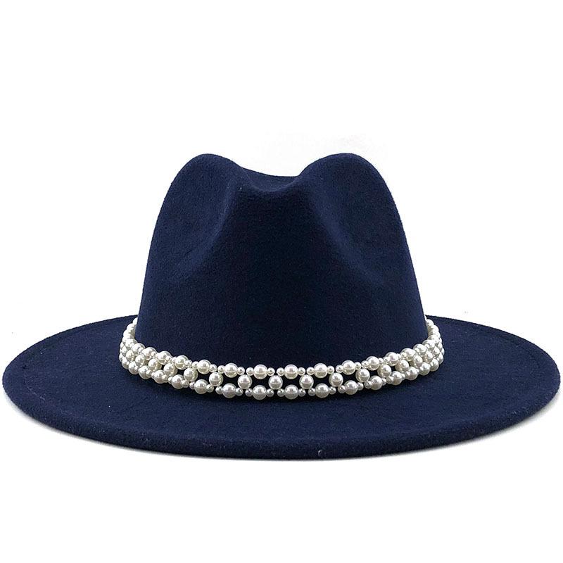 Woolen Hat Elegant Fashion Pearl Woolen Hat British Style Jazz Hat Big Brim Hat Women's Autumn and Winter Top Hat