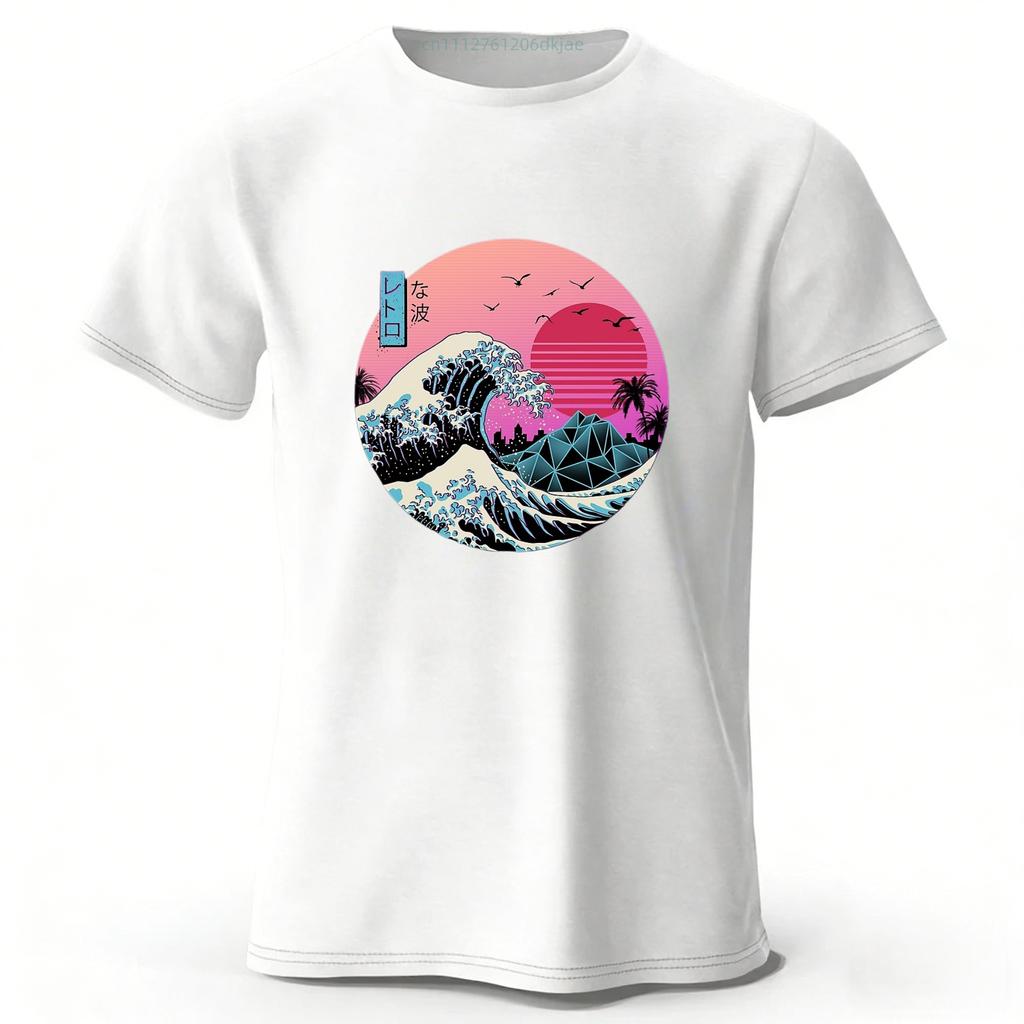 Estética Japonesa Onda Rosa Algodão Puro Manga Curta Masculina Casual Tendência Camiseta Top Solto