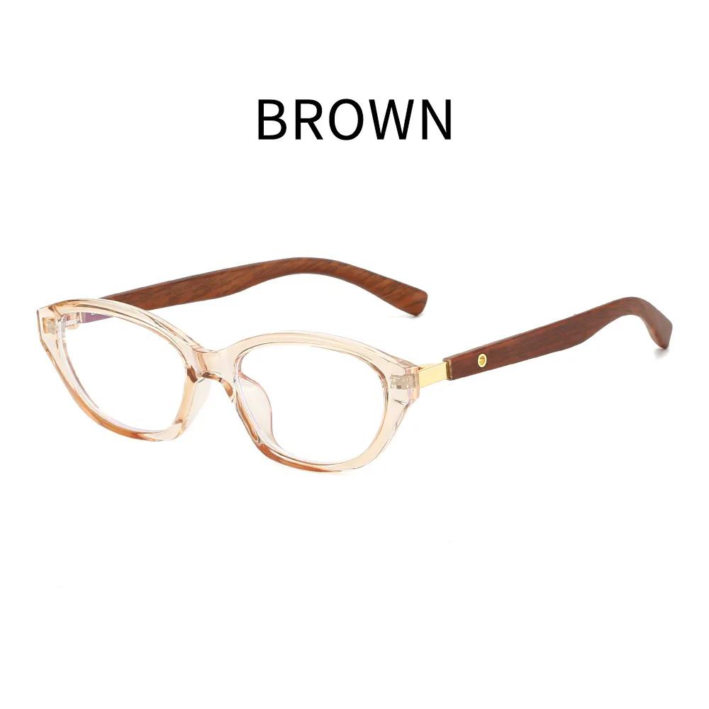 Fashionable And Personalized Cat Eye Photochromic Women'S Reading Glasses Retro Neutral Wood Grain Leg Anti Blue Light Glasses