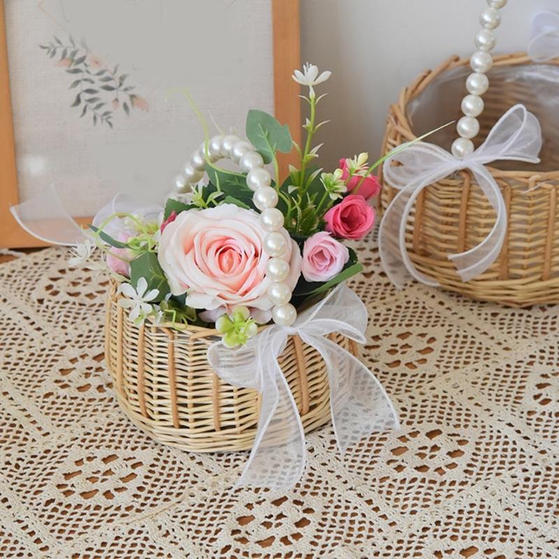 Elegant Pearls Decorated Handheld Basket Unique Pearls And Fish Tail Ribbon Inspired Handheld Basket For Elegant Event