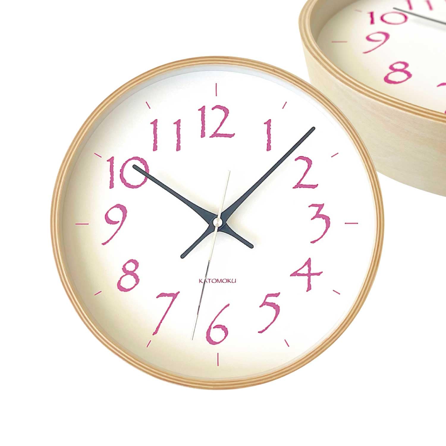 

KATOMOKU plywood clock 20 km-119LP, light pink, wall clock with continuous second hand, 25.2cm diameter (quartz clock)