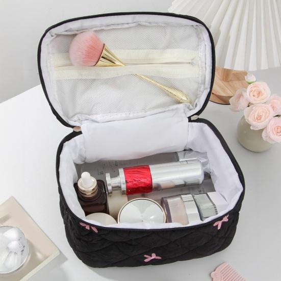 Yousheng Quilted Cosmetic Case Soft Makeup Pouch with Bow Embroidery Travel Toiletry Organizer for Women Girls Makeup