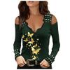 Women's Long Sleeve Sexy Butterfly Printed V-neck Lace Strapless T-shirt Blouse Top