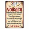 Vintage German Metal Tin Sign  Humorous Chicken Coop Decor with VORSICHT FREILAUFENDE HÜHNER Warning Rustic Farmhouse Wall