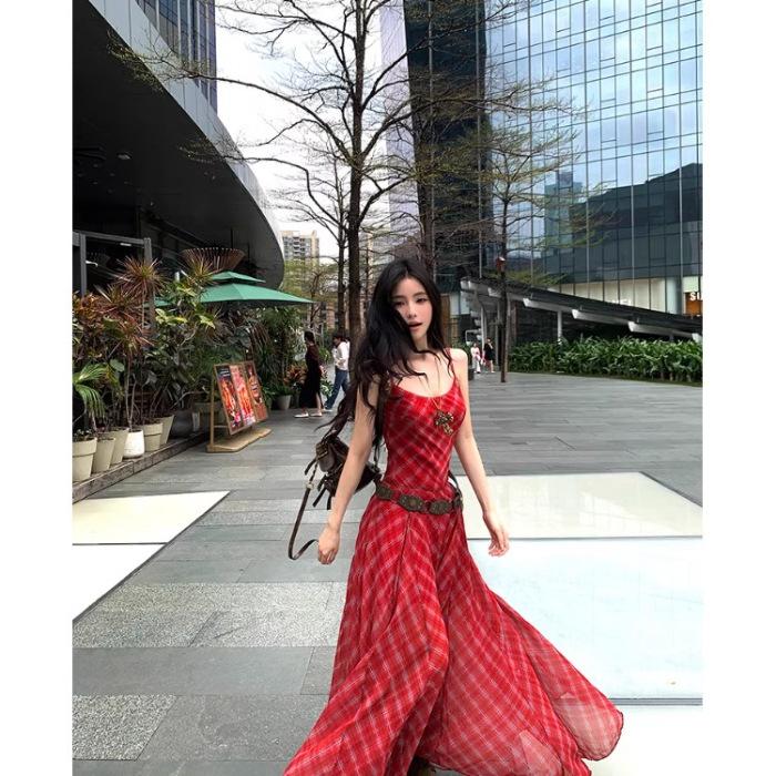 New summer casual temperament waist thin splicing red plaid long suspender dress women S