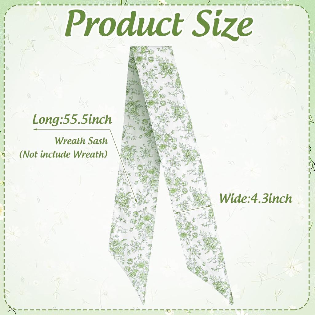 Whaline 2Pcs Green Flower Wreath Sash for Front Door Chinoiserie Floral Garland Ribbon for Holiday Party Home Decor Indoor Outdoor