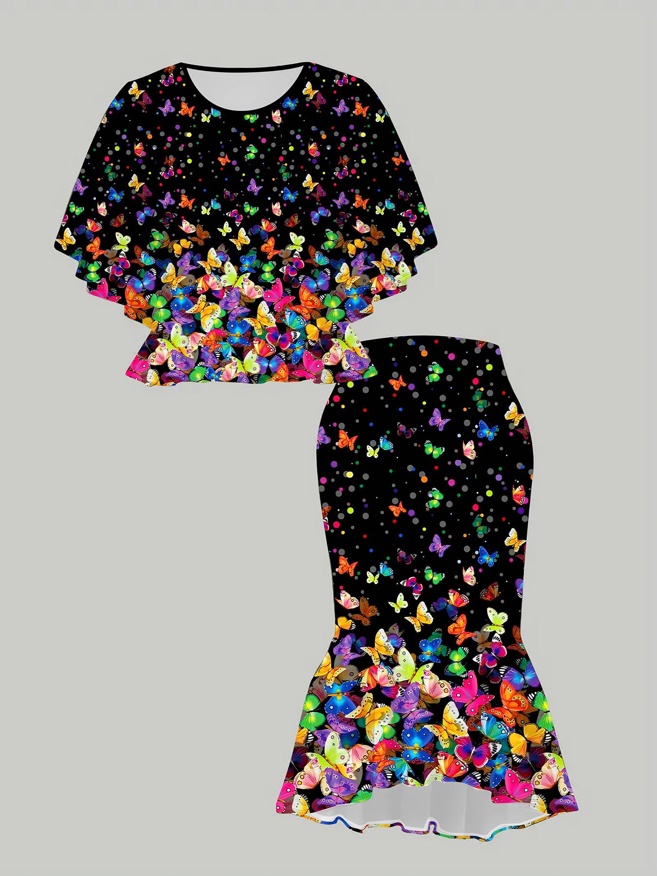 

Классический тотемный женский принт с 3D-цветами, Модный большого размера, Элегантный, Универсальный для всех сезонов. Футболка, Юбка и Комплект 1XL чёрный