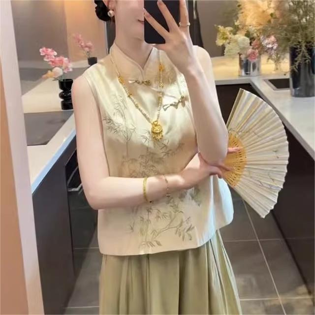 

Sleeveless stand-up collar antique embroidery outer 2025 summer summer vest M [Recommended below 50kg]