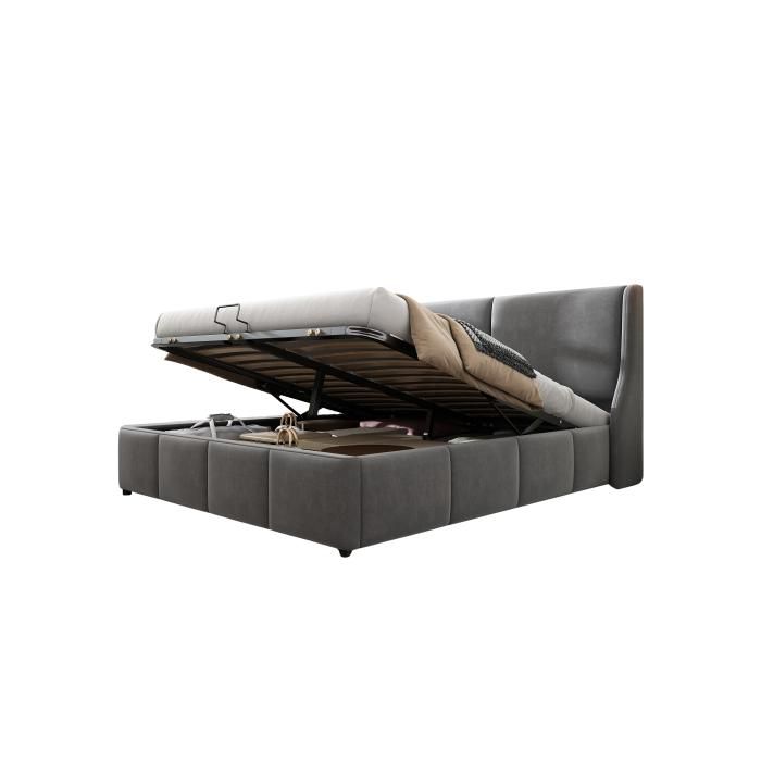 Lit rembourré,forme oreille,tête de lit,lit double,lit fonctionnel hydraulique,180 x 200,gris