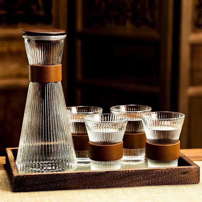 1pc Glass Coffee Cups Japanese Style Tea Cup With Cup Sleeve Wine Glasses Simple Striped Mugs Beer Milk Juice Cold water cup