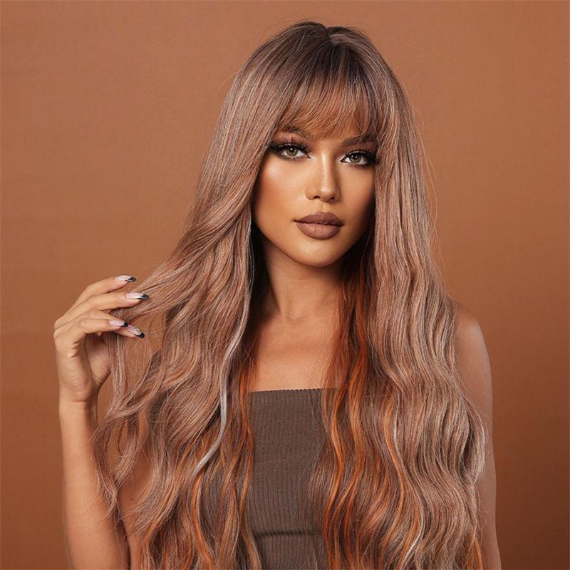 Długie włosy Gradient Brązowa Peruka Kobiety Fale Wodne Kręcone Włosy Proste Grzywka Puszyste Naturalne