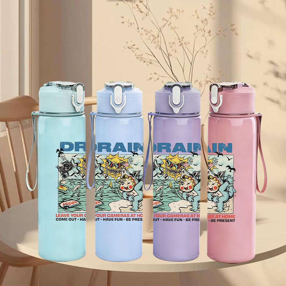 1PC Drain Retro Comic Colorful Collage Print 750ml Portable Sports Water Bottle Leakproof Gym Outdoor Travel Drink Cup