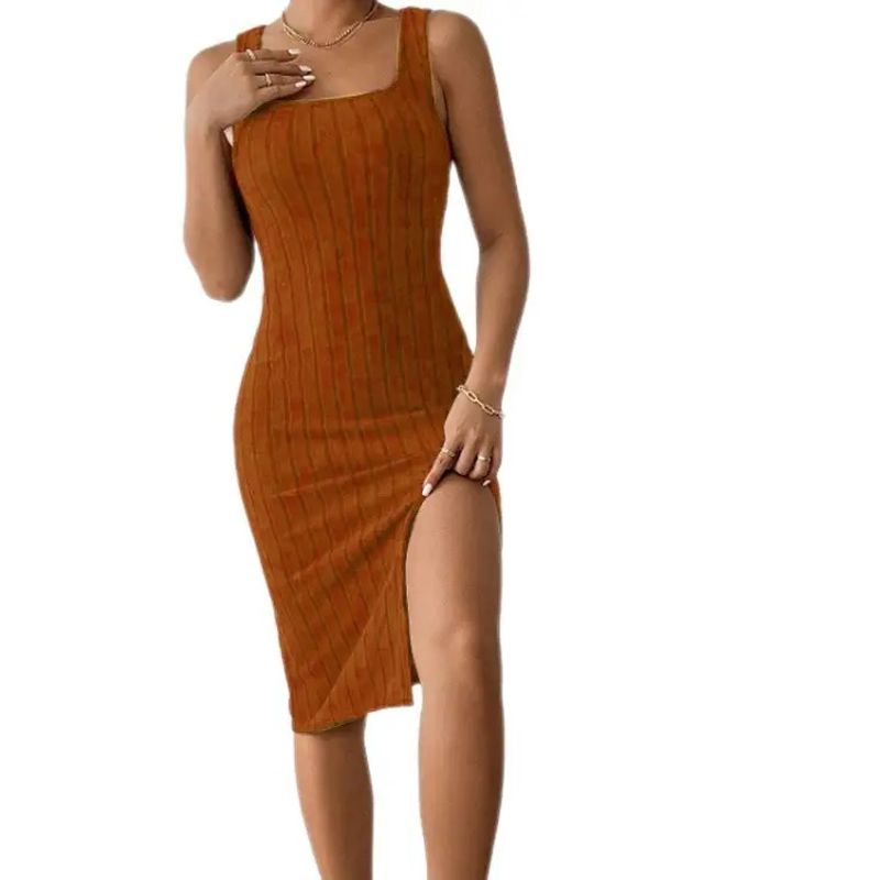 2025 Summer European and American Solid Sling Slim Fit Sunken Stripe Slit Dress Simple Slip Dress